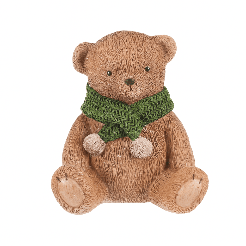 Dekorácia Medveď so zeleným šálom, polyresin, 10 cm