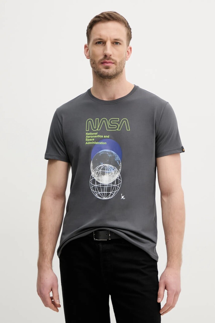 Bavlnené tričko Alpha Industries pánske, šedá farba, s potlačou, 146510