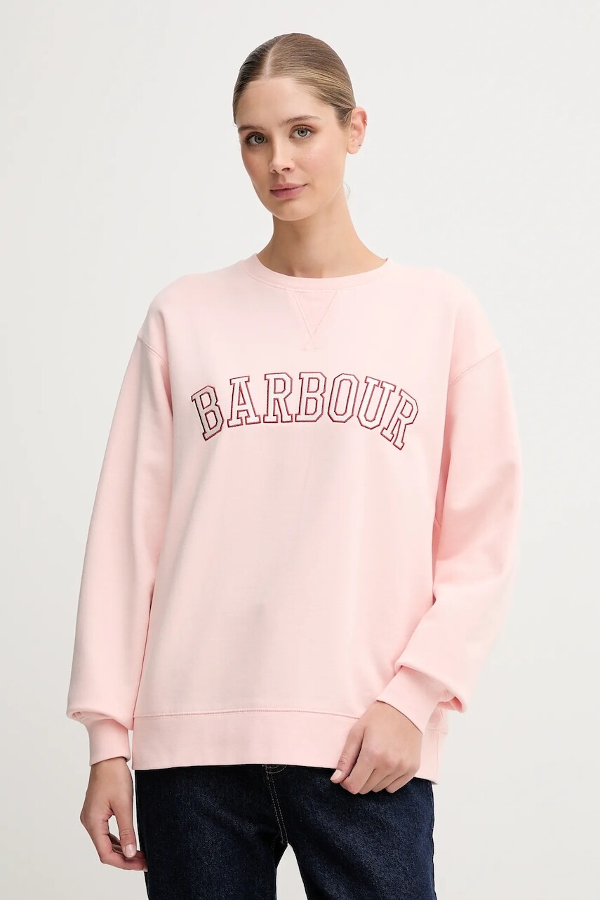 Bavlnená mikina Barbour biela farba, s nášivkou, LOL0591