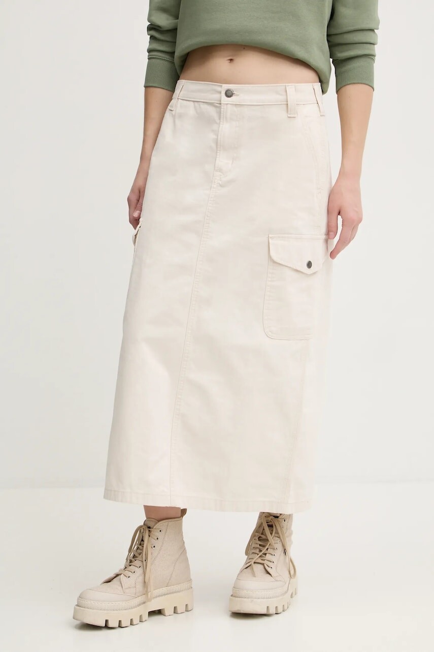 Bavlnená sukňa Dickies DUCK CANVAS šedá farba, midi, áčkový strih, DK0A4Z2R