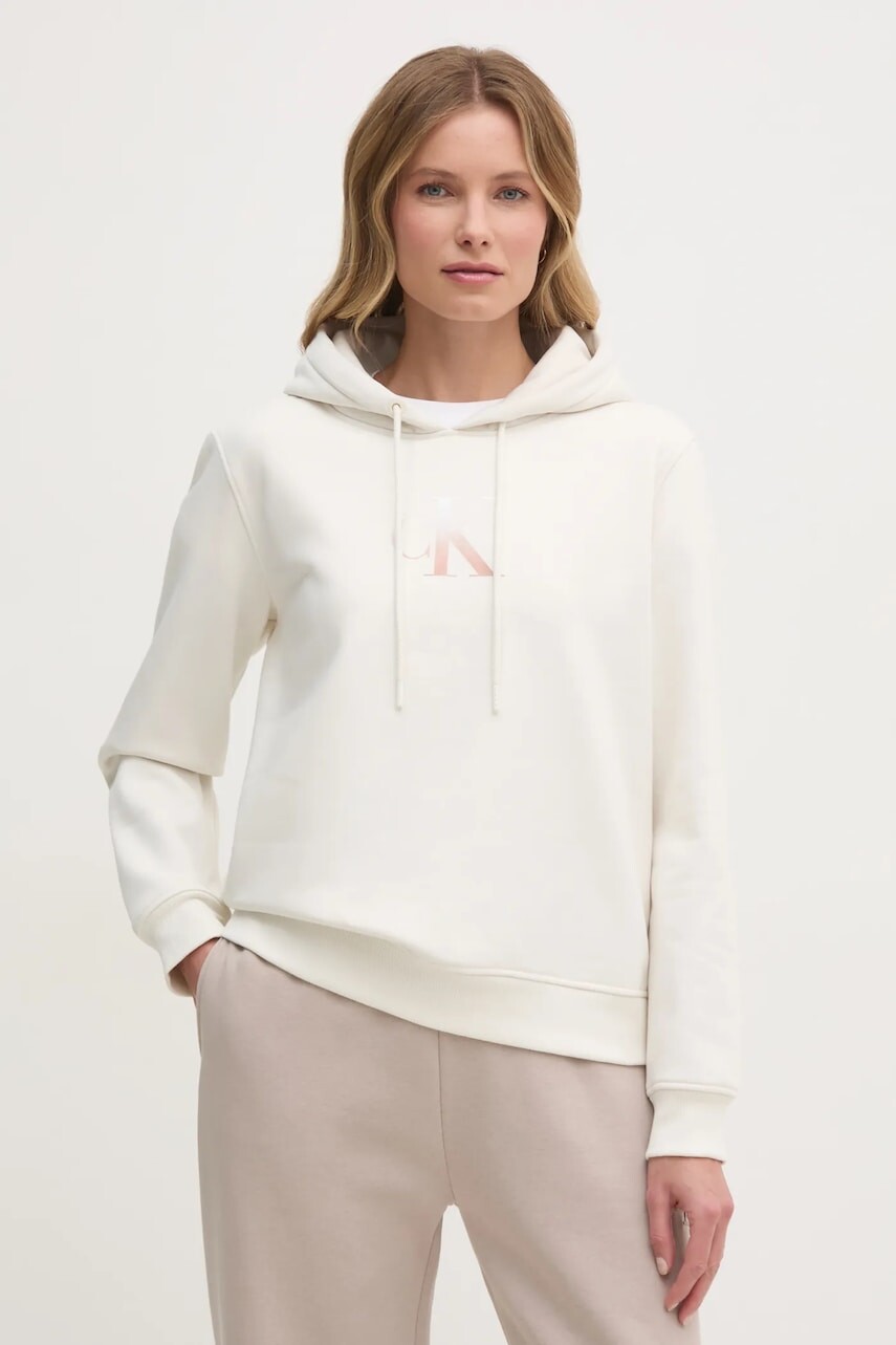 Mikina Calvin Klein Jeans dámska, béžová farba, s kapucňou, s potlačou, J20J224721