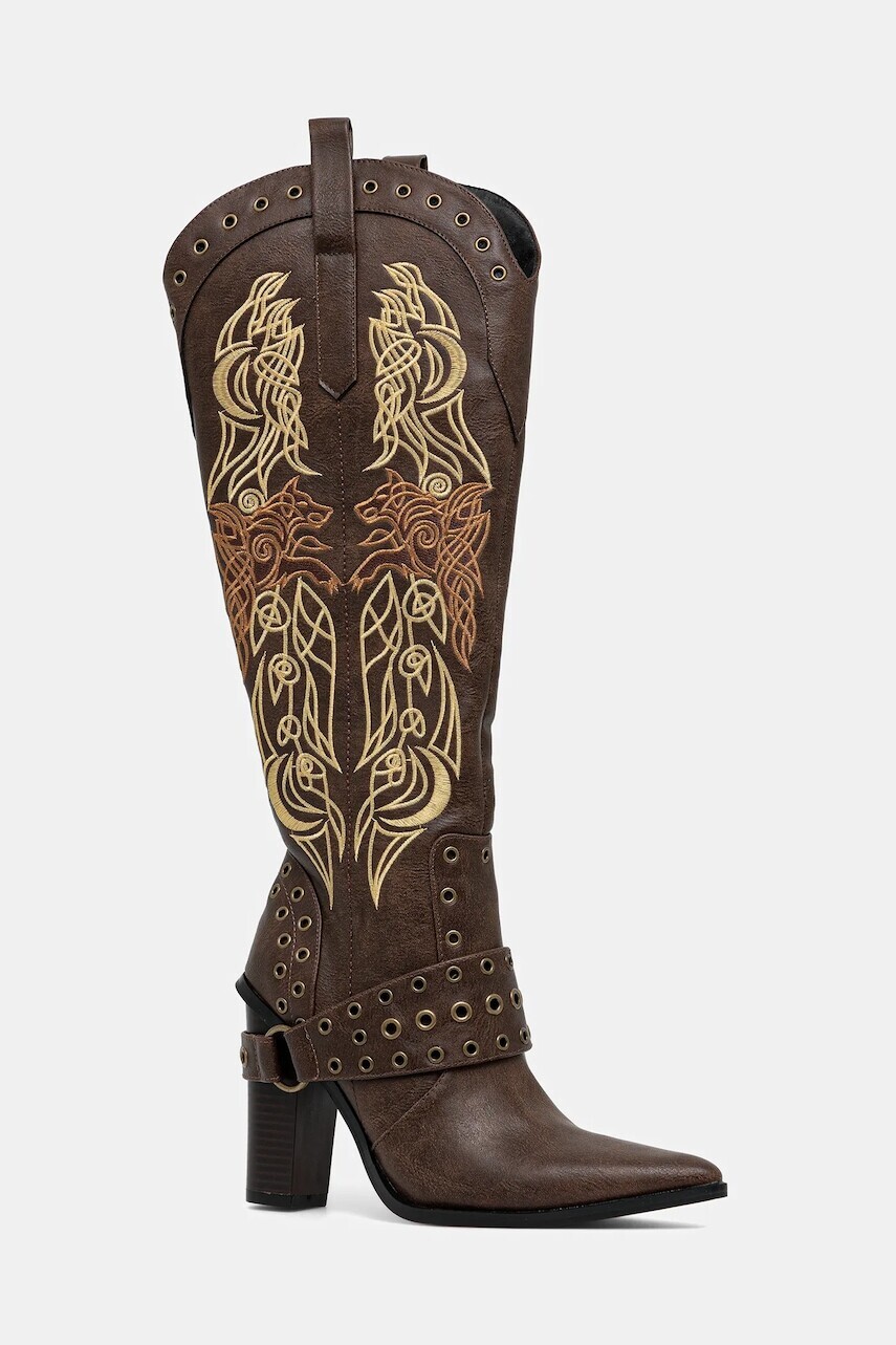 Kovbojské topánky Koi Footwear x Twilight Children Of The Moon Cowboy Boots dámske, hnedá farba, na podpätku, FW01