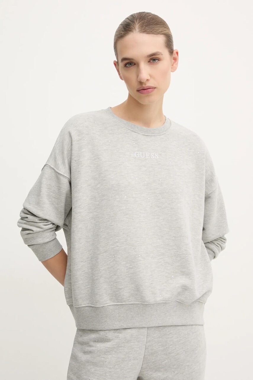Mikina Guess RHINESTONES dámska, šedá farba, s nášivkou, V5RQ08 KCLJ0