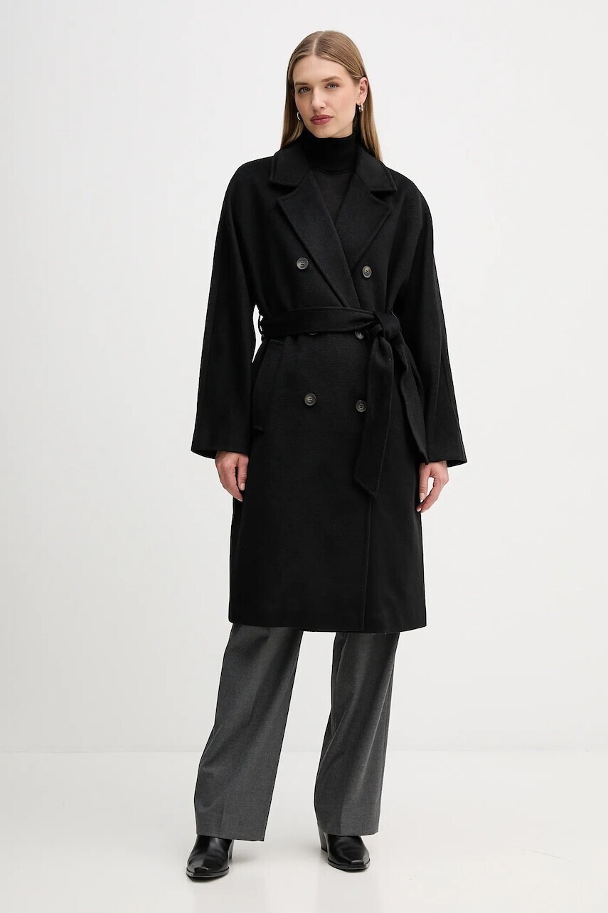 Vlnený kabát Dkny hnedá farba, prechodná, dvojradový, DLEMWS16