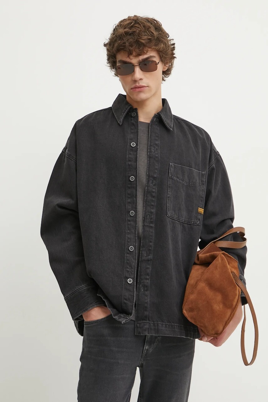 Rifľová košeľa G-Star pánska, čierna farba, voľný strih, s klasickým golierom, D23007-D772