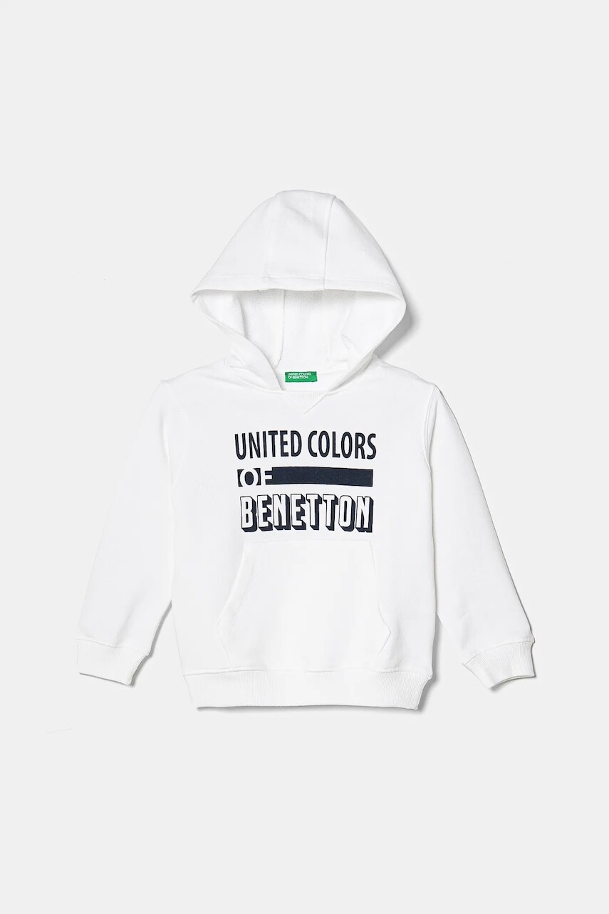 Detská bavlnená mikina United Colors of Benetton biela farba, s kapucňou, s potlačou, 3J68G2011