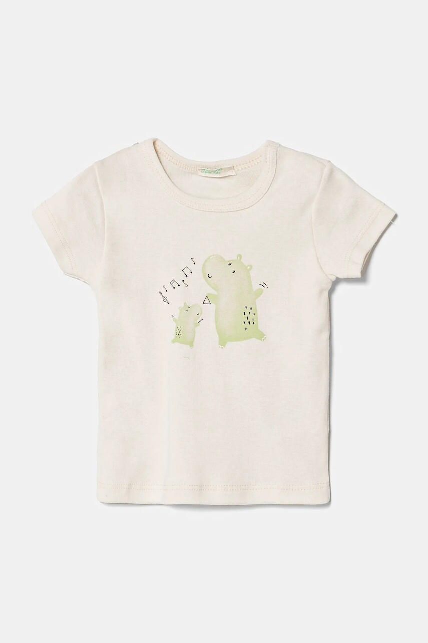 Detské bavlnené tričko United Colors of Benetton béžová farba, s potlačou, 3I9WA1065