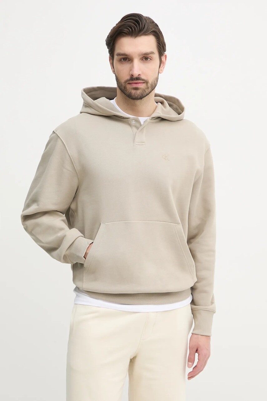 Bavlnená mikina Calvin Klein Jeans pánska, béžová farba, s kapucňou, jednofarebná, J30J327227