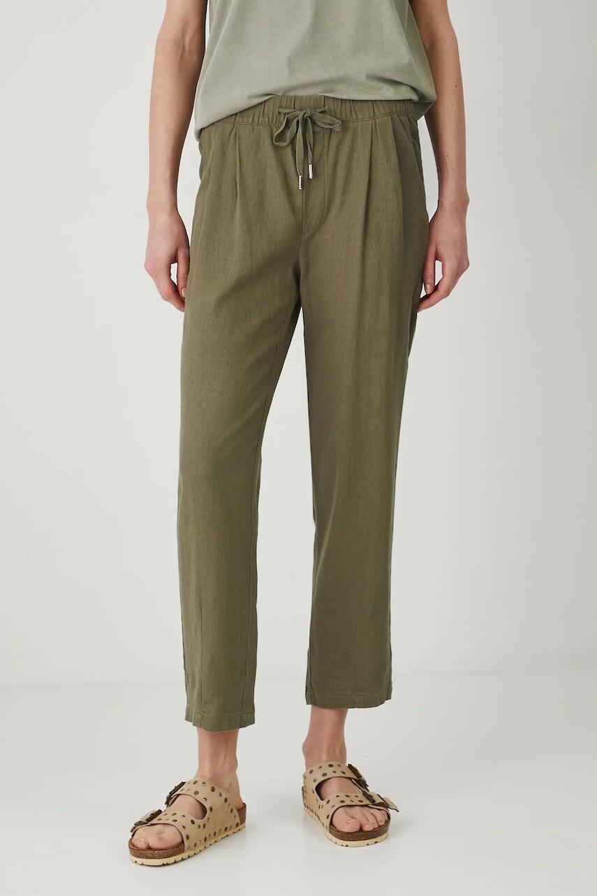 Ľanové nohavice Medicine zelená farba, strih chinos, stredne vysoký pás