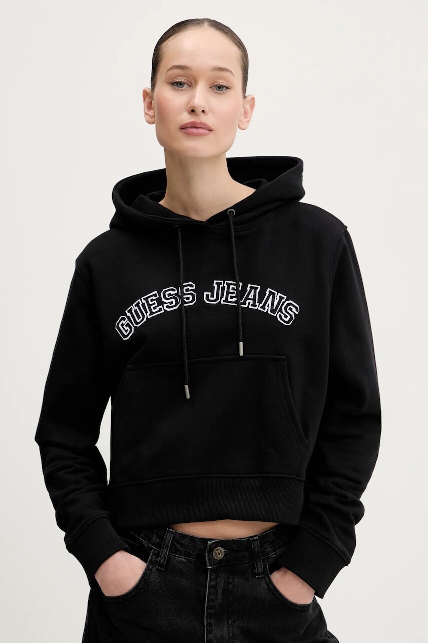 Bavlnená mikina Guess Jeans dámska, čierna farba, s kapucňou, s nášivkou, W5GQ22 K68I4