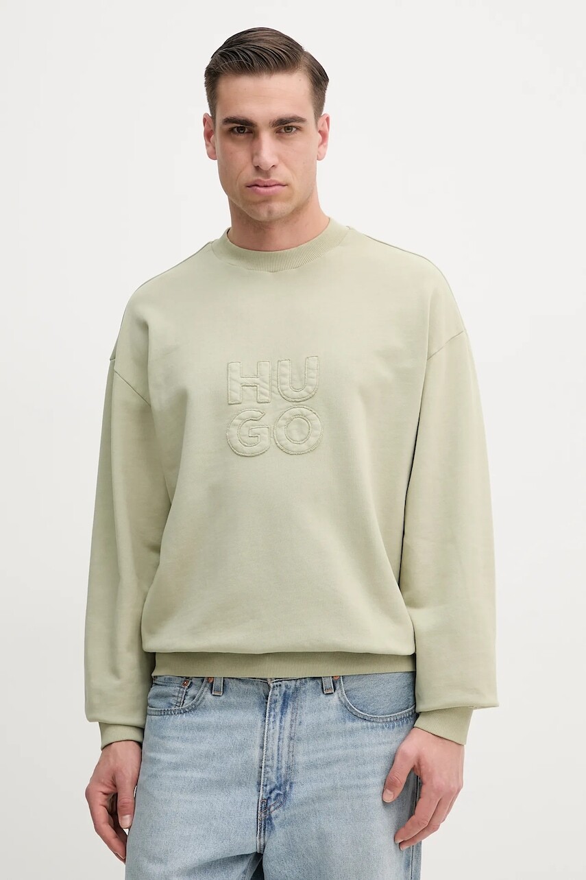 Bavlnená mikina HUGO pánska, zelená farba, s nášivkou, 50535258