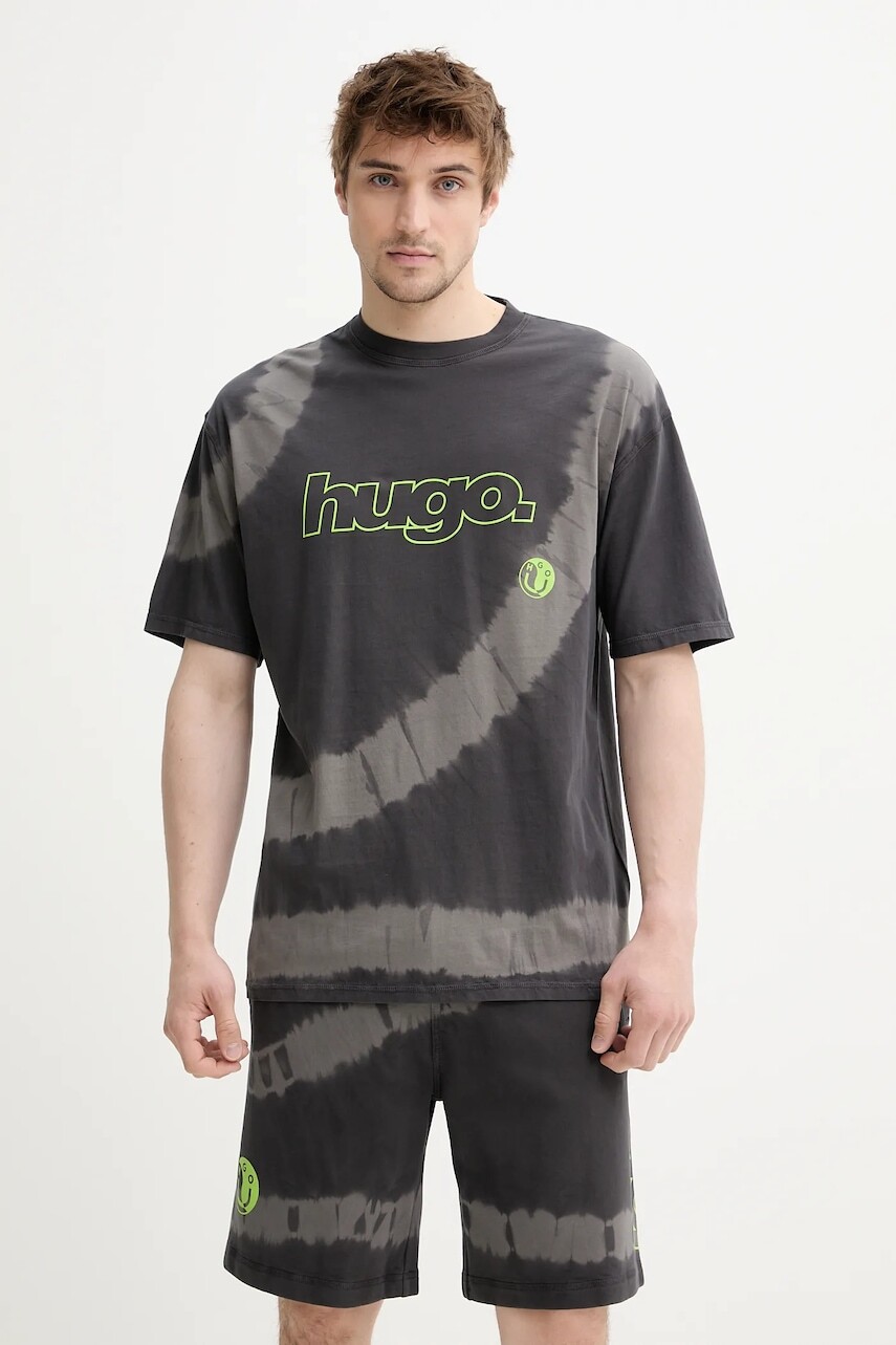 Bavlnené tričko Hugo Blue pánske, šedá farba, s potlačou, 50542951