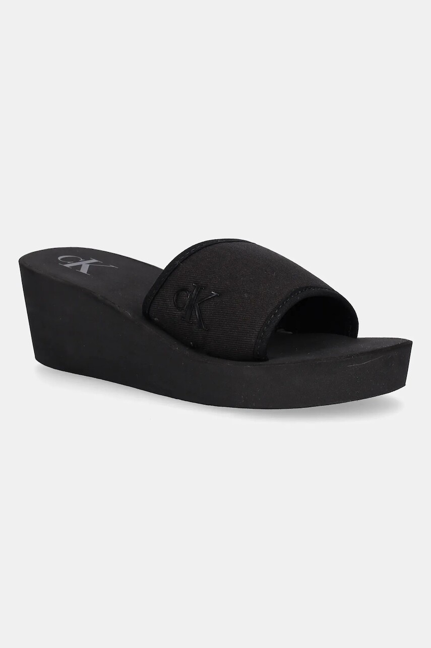 Šlapky Calvin Klein Jeans BEACH WEDGE SLIDE CANVAS čierna farba, na kline, YW0YW01725