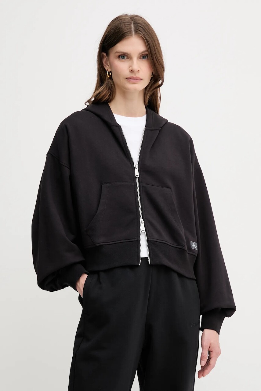 Bavlnená mikina Calvin Klein Jeans čierna farba, s kapucňou, jednofarebná, LV047C216G