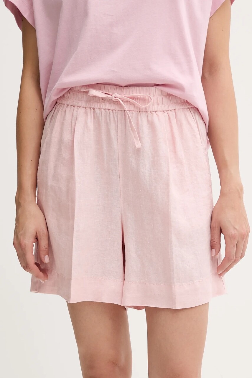 Ľanové šortky United Colors of Benetton ružová farba, jednofarebná, vysoký pás, 4AGHD901T