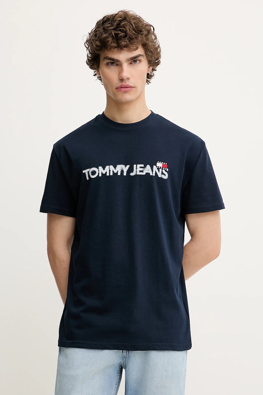 Bavlnené tričko Tommy Jeans pánske, tmavomodrá farba, s potlačou, DM0DM21585