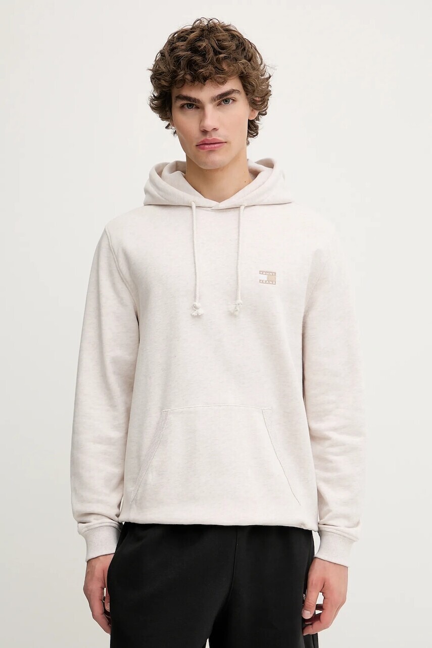 Bavlnená mikina Tommy Jeans béžová farba, s kapucňou, melanžová, DM0DM21922
