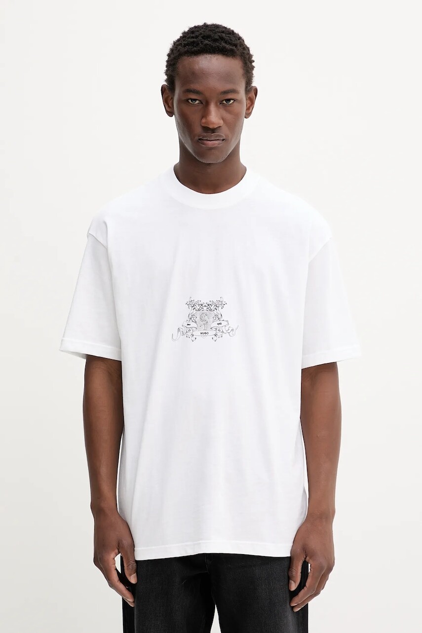 Bavlnené tričko HUGO pánske, béžová farba, s potlačou, 50542817