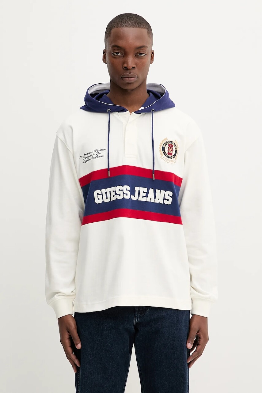 Bavlnená mikina Guess Jeans biela farba, s kapucňou, s nášivkou, M5YP08 KCYM1