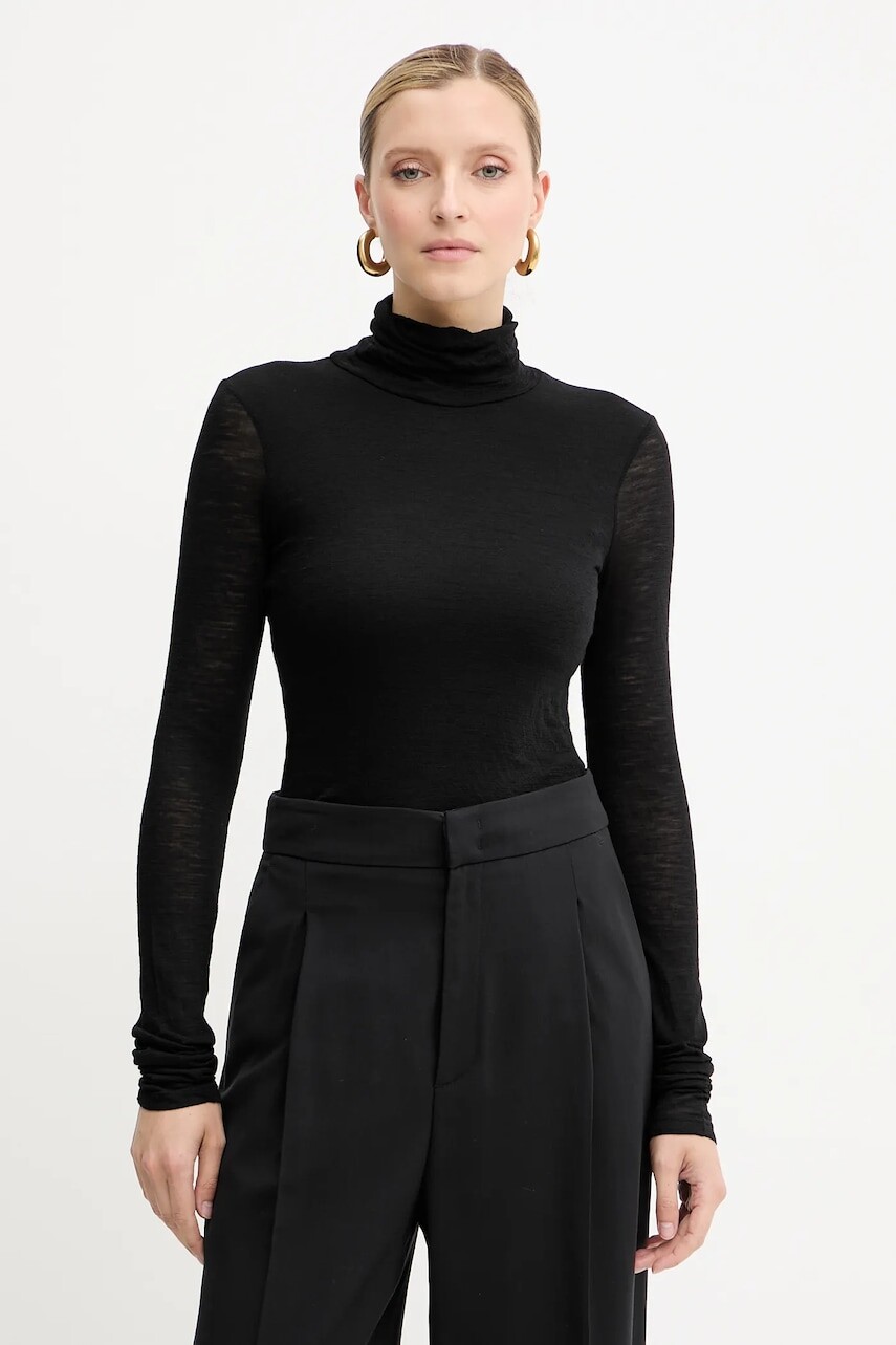 Vlnené tričko s dlhým rukávom Liviana Conti čierna farba, s rolákom, F5WH17