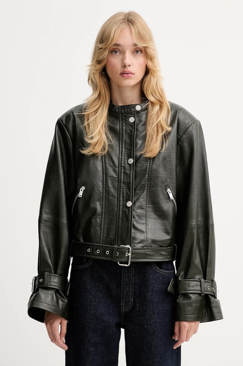 Kožená bunda Gestuz zelená farba, prechodná, 10910734