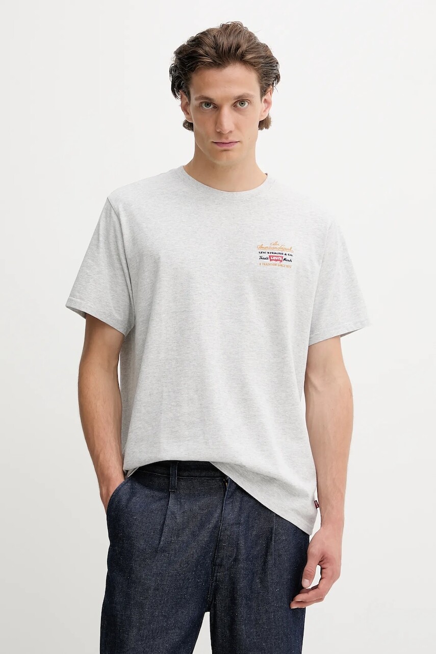 Bavlnené tričko Levi's pánske, šedá farba, s nášivkou, 16143