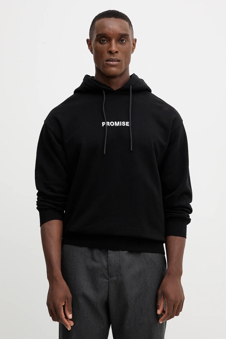 Bavlnená mikina United Colors of Benetton čierna farba, s kapucňou, s potlačou, 3Y9YU201Y