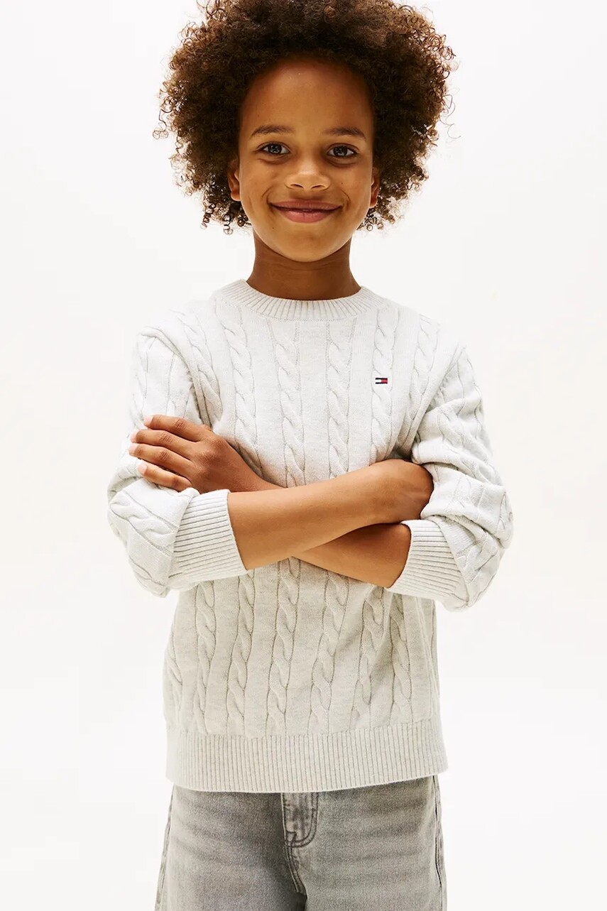 Detský bavlnený sveter Tommy Hilfiger šedá farba, KB0KB09753