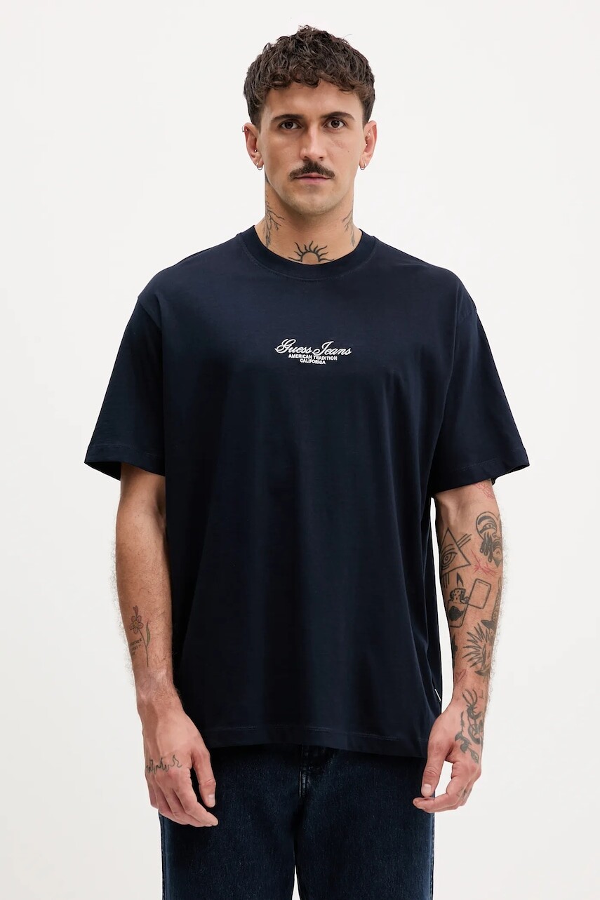 Bavlnené tričko Guess Jeans pánske, tmavomodrá farba, s nášivkou, M5YI61 K8FQ4