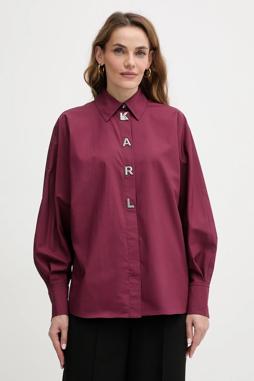 Bavlnená košeľa Karl Lagerfeld bordová farba, voľný strih, s klasickým golierom, A4W11022