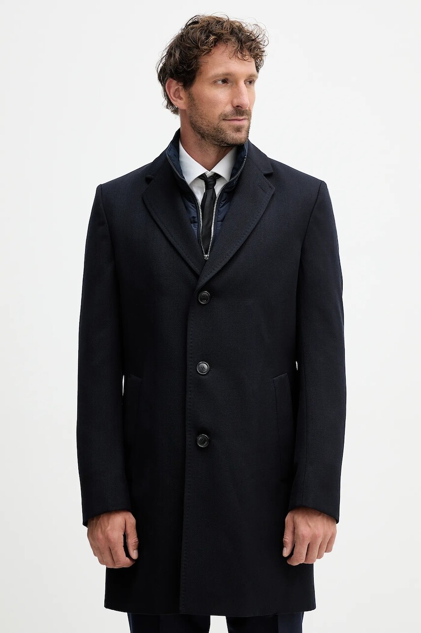 Vlnený kabát BOSS tmavomodrá farba, 50551117