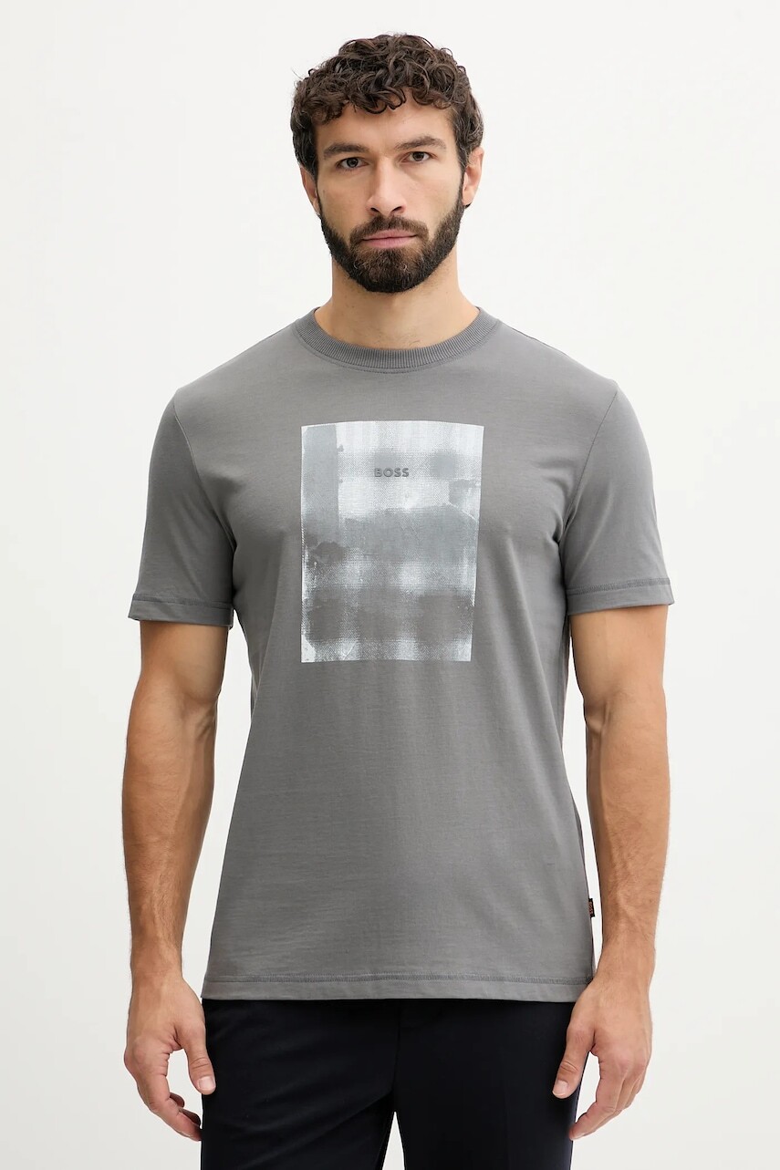 Bavlnené tričko BOSS Orange pánske, šedá farba, s potlačou, 50554640