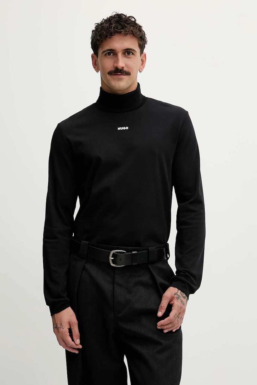 Bavlnené tričko s dlhým rukávom HUGO čierna farba, jednofarebné, 50547372
