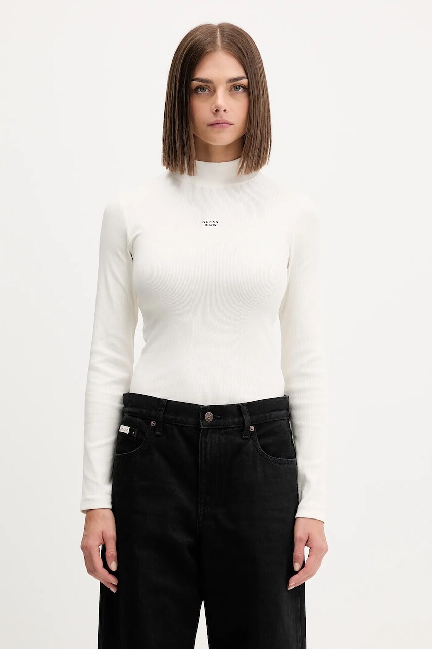 Tričko s dlhým rukávom Guess Jeans béžová farba, s polorolákom, W5BP23 KA0H1