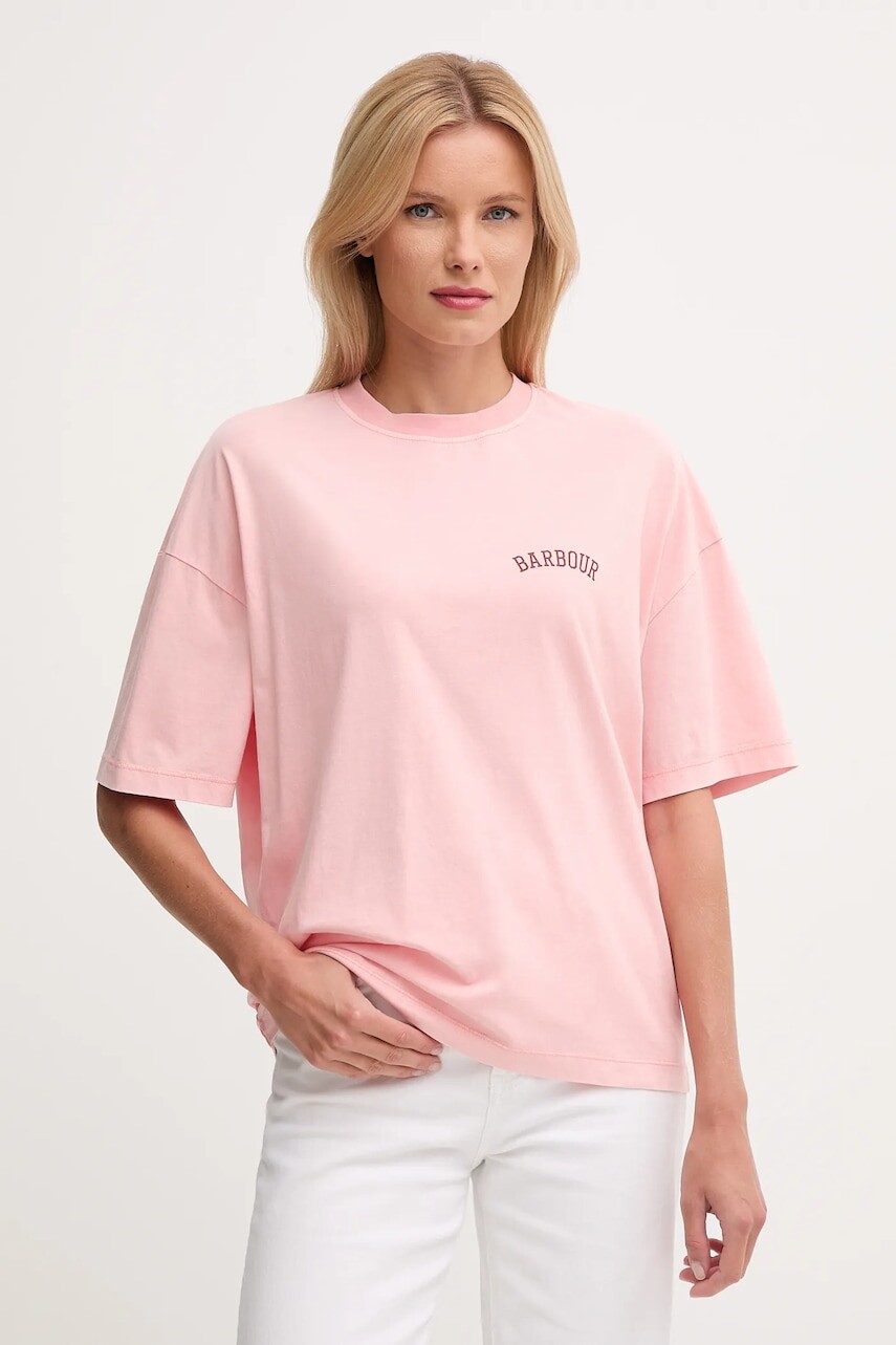 Bavlnené tričko Barbour CLAYDON dámske, ružová farba, LTS0687