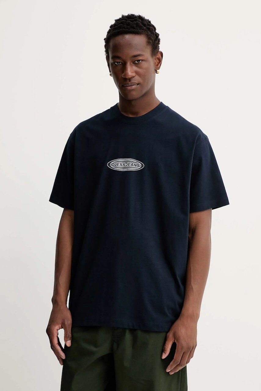 Bavlnené tričko Guess Jeans pánske, tmavomodrá farba, s potlačou, M5BI29 K8FQ4