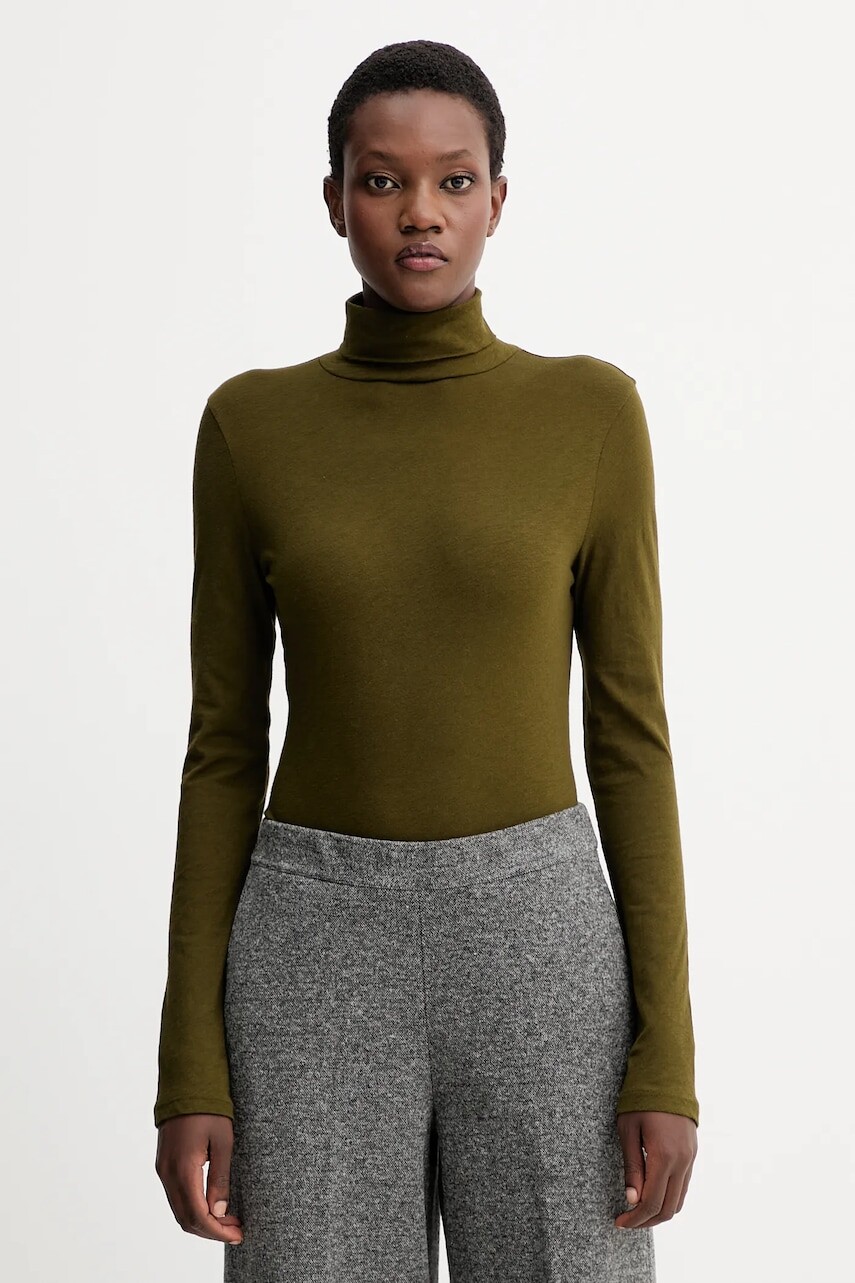 Bavlnené tričko s dlhým rukávom Marc O'Polo zelená farba, s rolákom, 5000007063