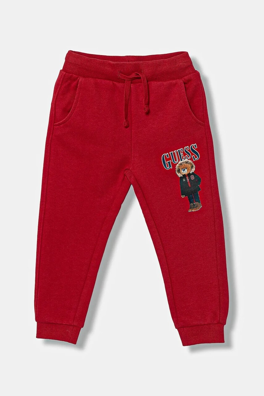 Detské bavlnené tepláky Guess červená farba, s potlačou, N5BQ12 KAD74