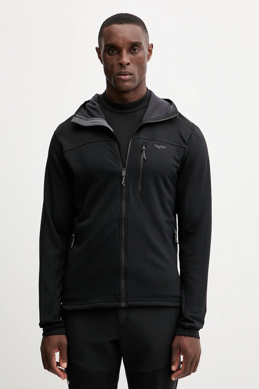 Outdoorová mikina Haglöfs Rosson čierna farba, s kapucňou, jednofarebná, 607605