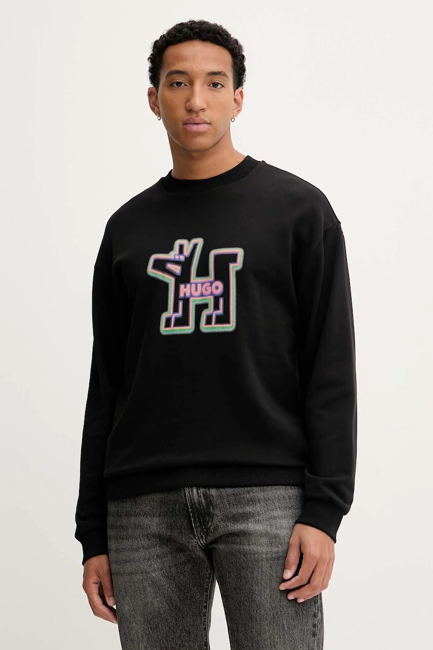 Bavlnená mikina Hugo Blue čierna farba, s potlačou, 50549213