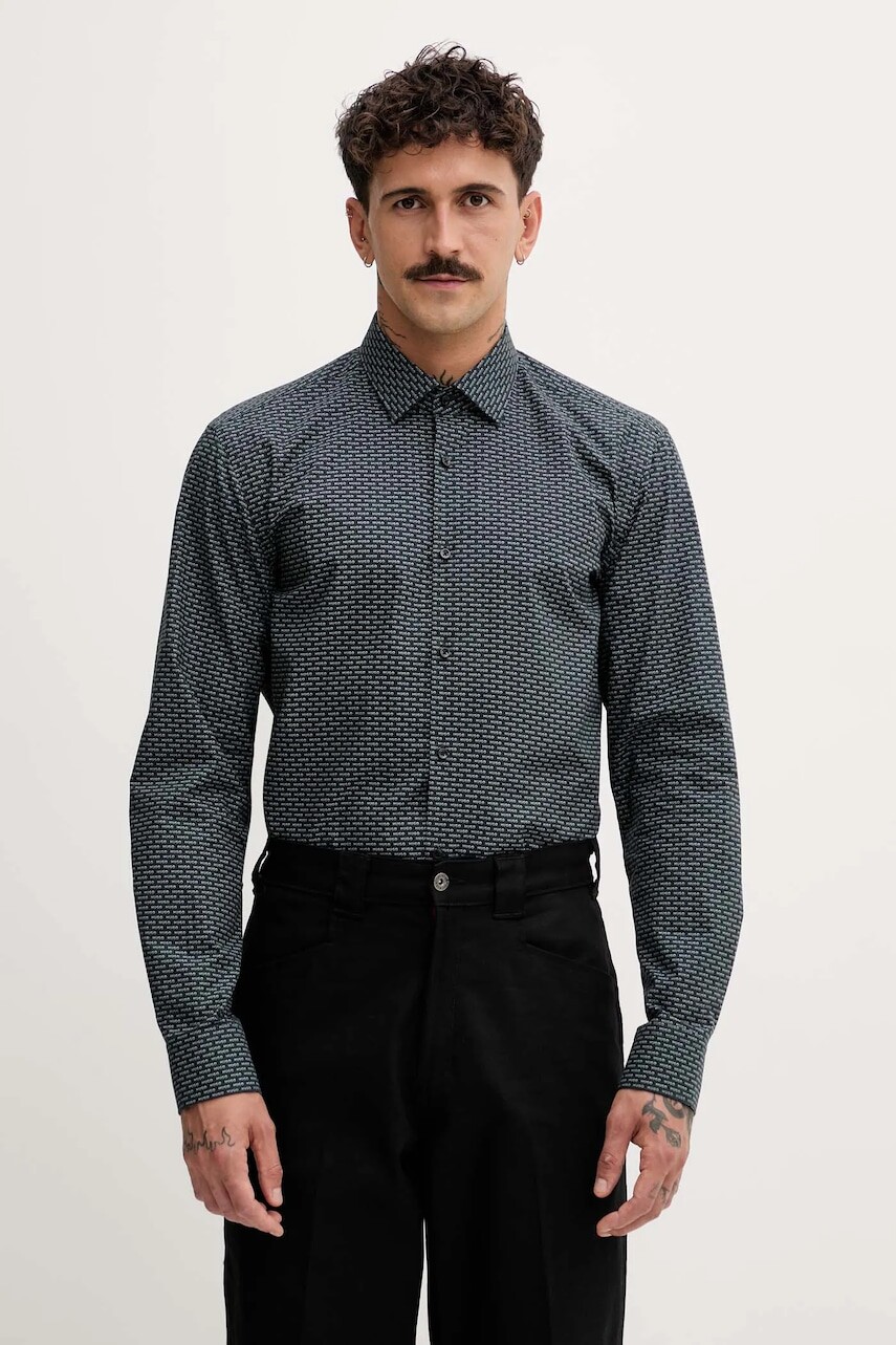 Bavlnená košeľa HUGO čierna farba, slim, s klasickým golierom