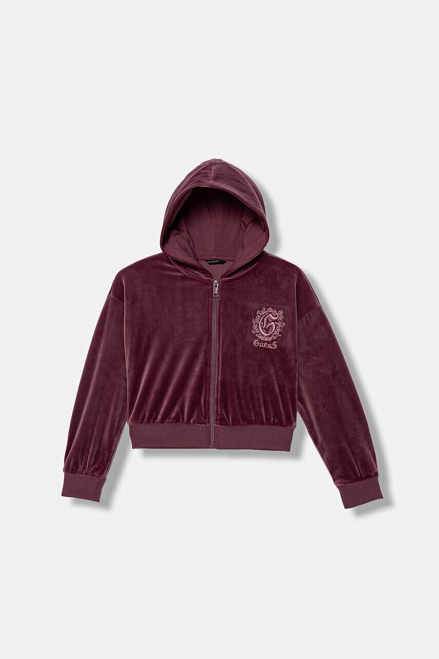 Detská velúrová mikina Guess bordová farba, s kapucňou, s nášivkou, J5BQ07 K0232