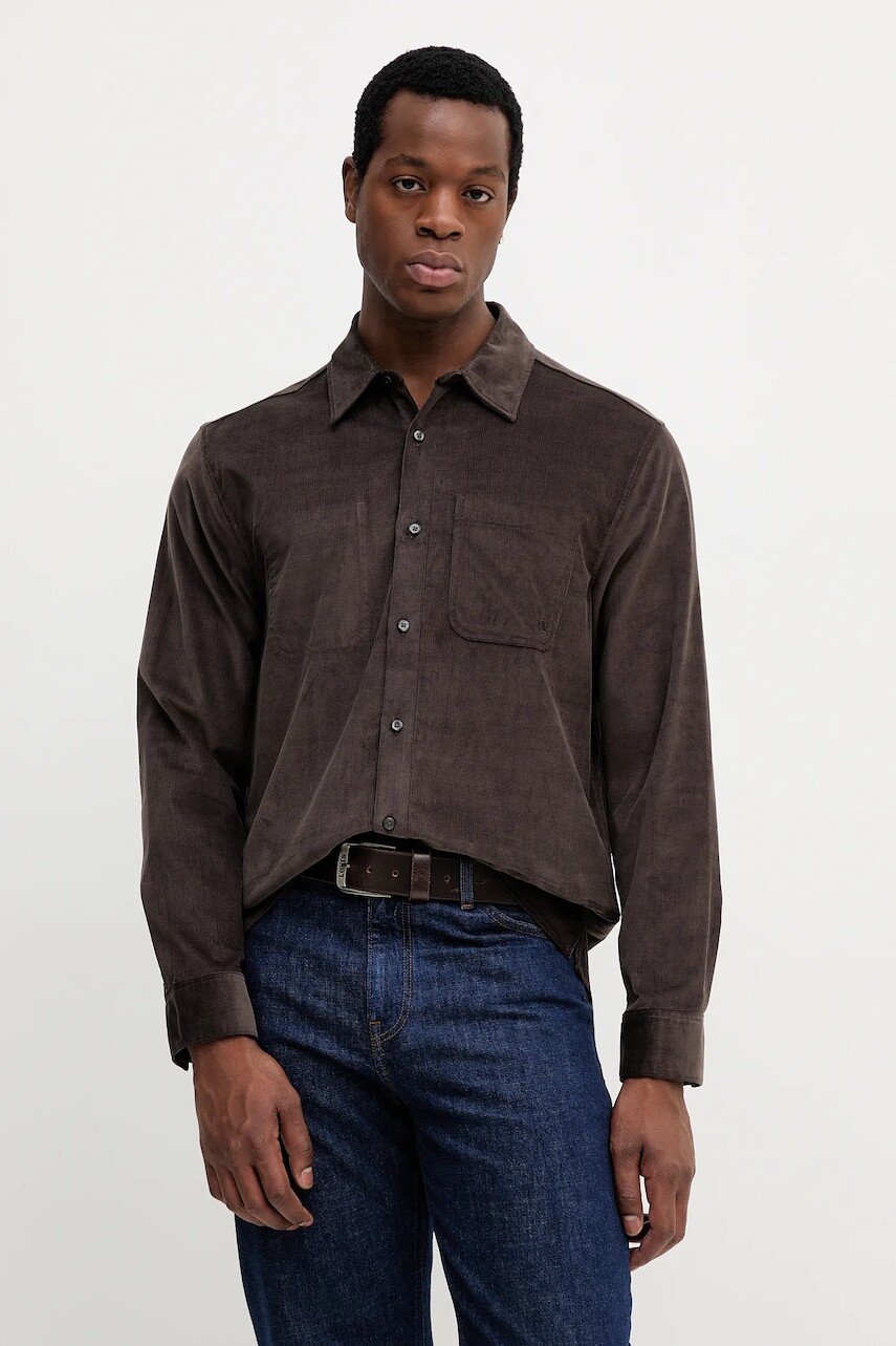 Menčestrová košeľa Calvin Klein Jeans hnedá farba, regular, s klasickým golierom, LV04LD125G