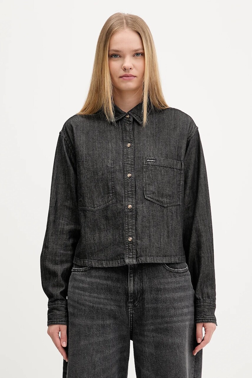 Bavlnená košeľa Guess Jeans čierna farba, voľný strih, s klasickým golierom, W5BH0D D6161