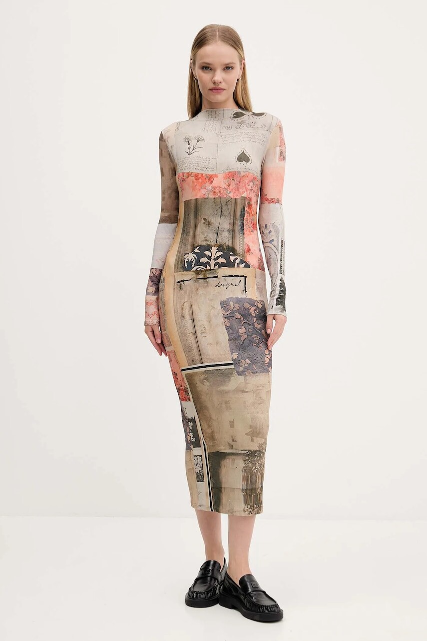 Šaty Desigual LYRA béžová farba, midi, rovný strih, 25WWVK30