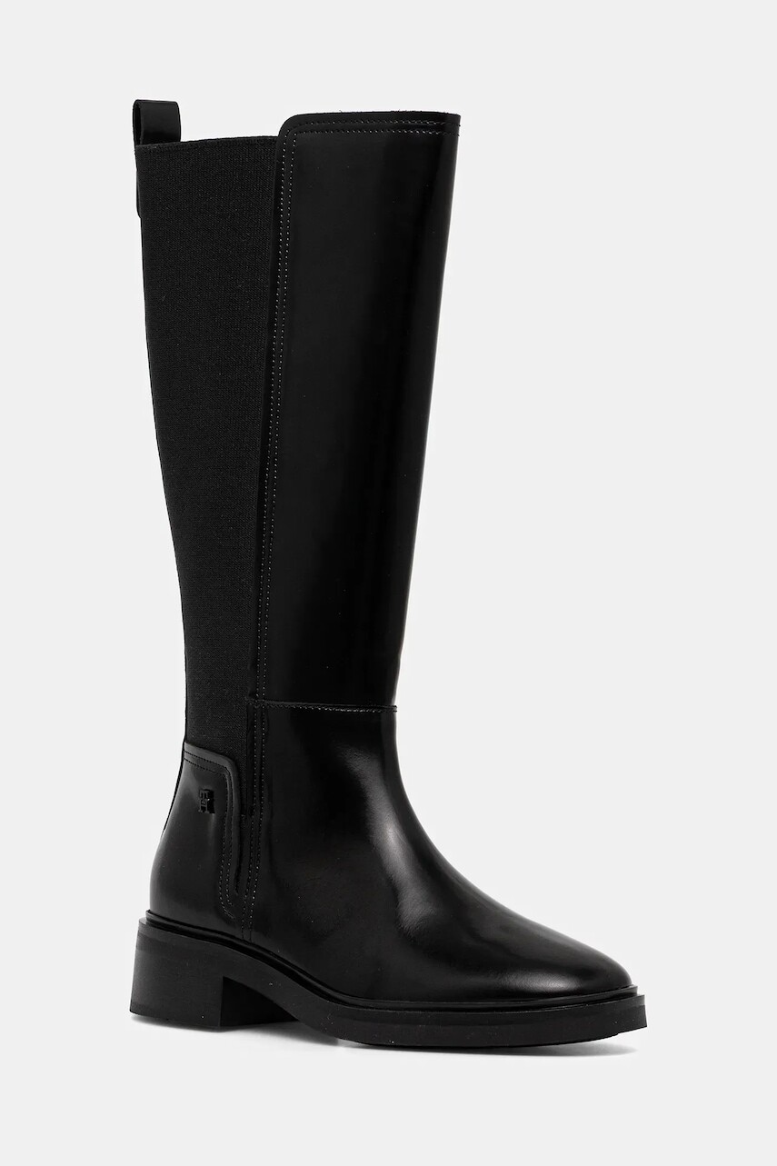 Kožené čižmy Tommy Hilfiger TH MINIMAL ABRASIVATO LONG BOOT čierna farba, na podpätku, FW0FW08979