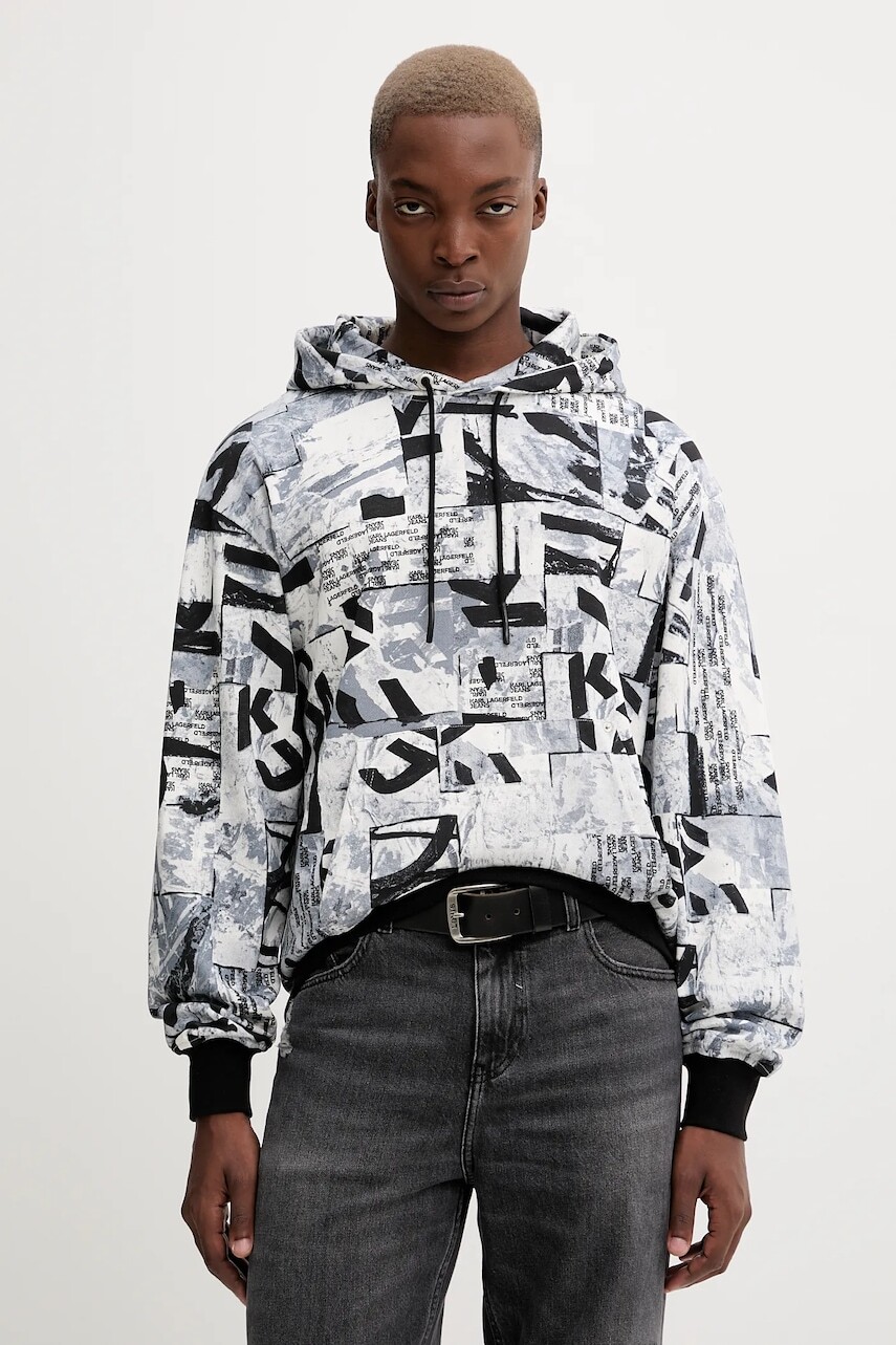 Bavlnená mikina Karl Lagerfeld Jeans biela farba, s kapucňou, vzorovaná, A4M20023