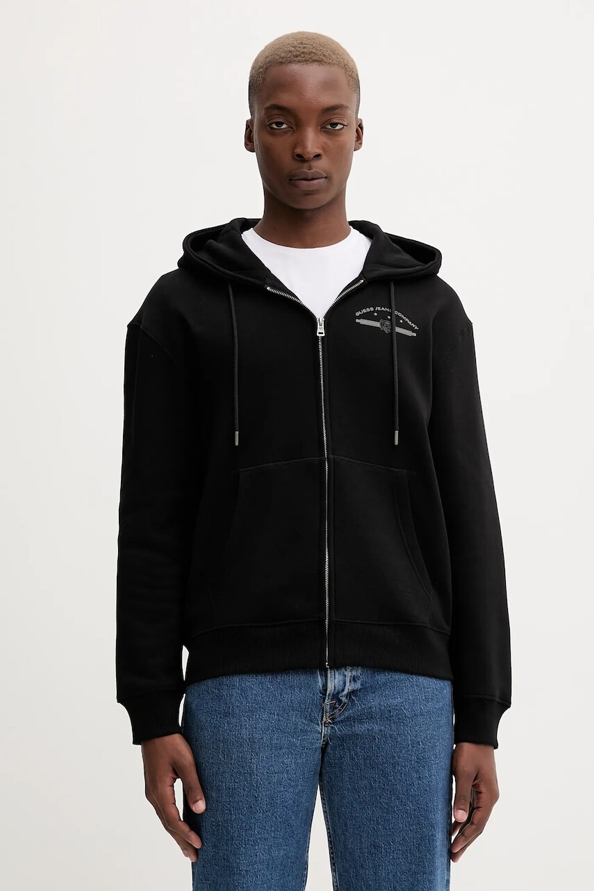 Mikina Guess Jeans čierna farba, s kapucňou, s potlačou, M5BQ28 K9V31