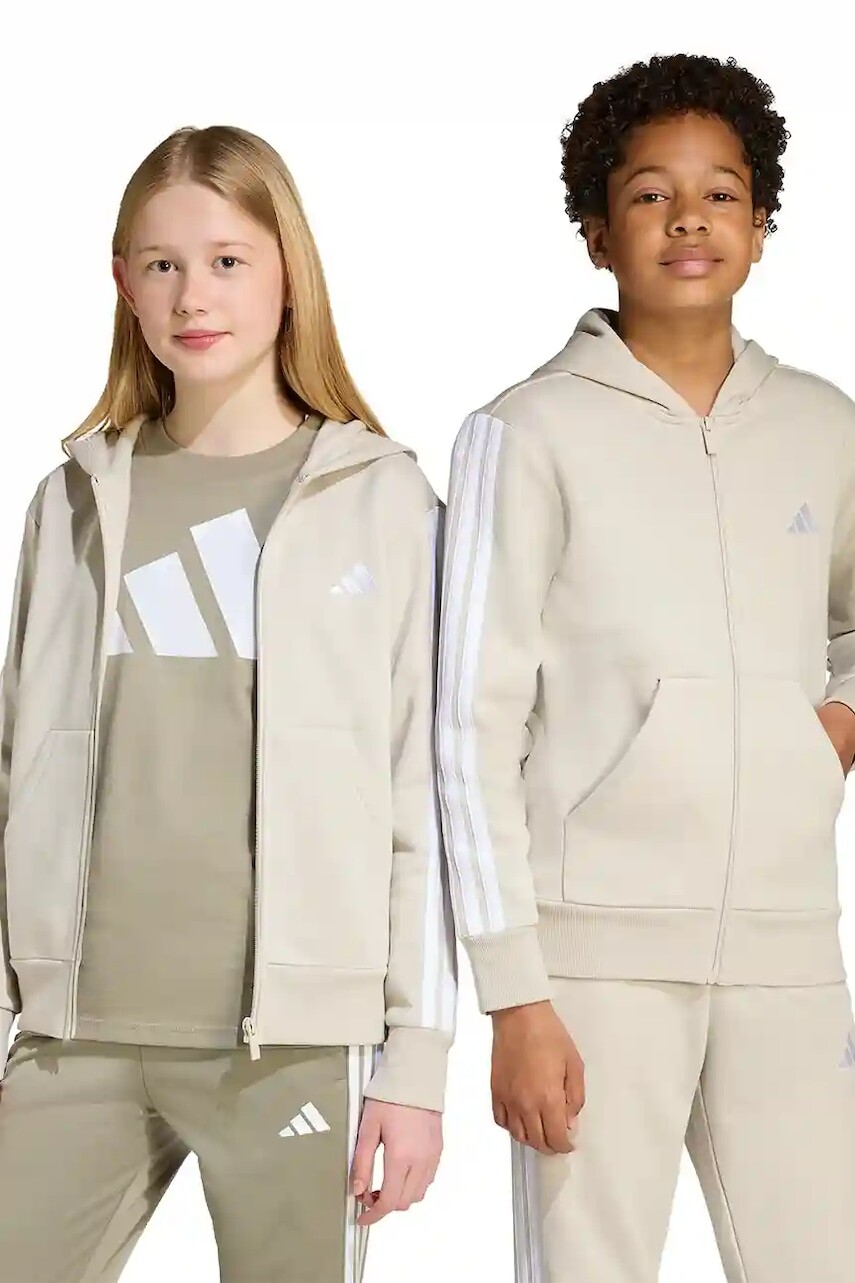 Detská mikina adidas béžová farba, s kapucňou, s nášivkou, KC6048