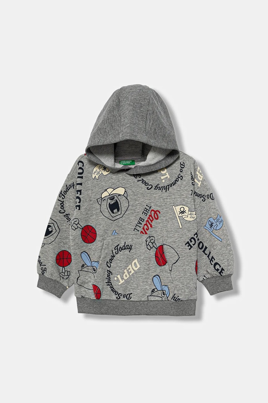 Detská mikina United Colors of Benetton šedá farba, s kapucňou, vzorovaná, 3X7YG2017